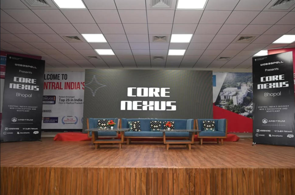 Core Nexus 36-hour Web3 hackathon mainstage at Jagran Lakecity University Bhopal